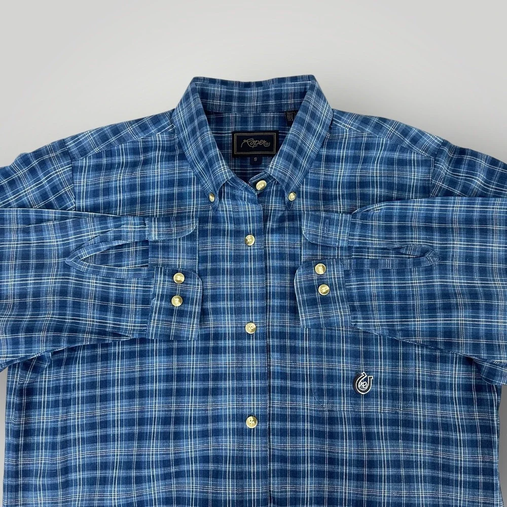 Roper Shirt Mens SMALL Blue Plaid Western Button‎ Long Sleeve Horseshoe Logo